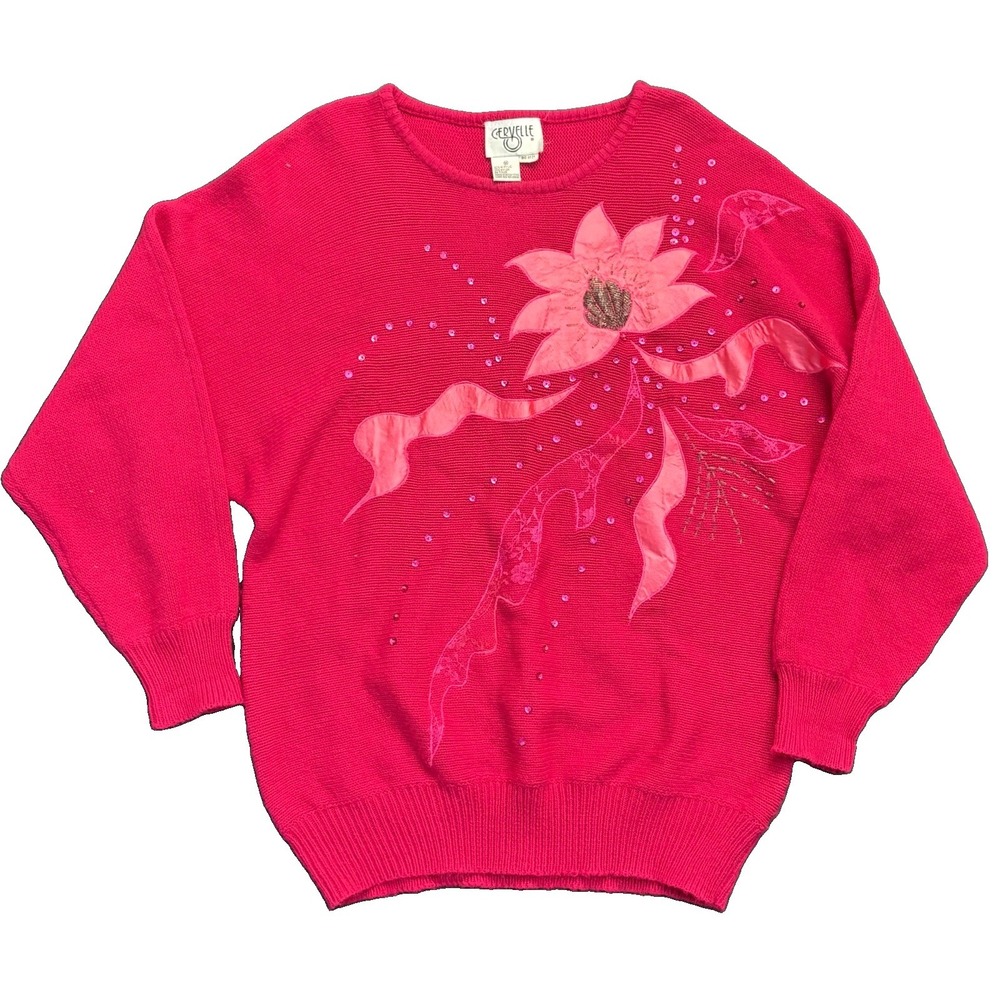 Vintage Bejeweled Barbie Hot Pink Rhinestone Flower Bead Funky Sweater Sequins